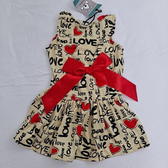 Dog Dress Love Hearts Yellow Red Bow Medium